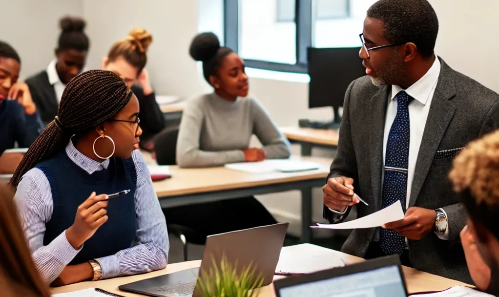 DALL·E 2024-10-25 15.20.22 – A professional image showing Black students in a classroom setting engaged in a Master’s program in Human Resource Management. Students are actively p